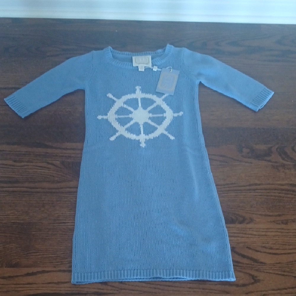 Sail to Sable Light Blue Knit Dress with White Ship Wheel